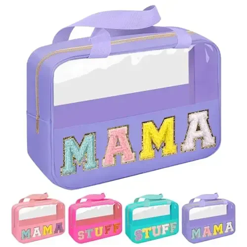 Chenille Letter Patch Mama Bag, Preppy Clear Makeup Cosmetic Bag Large Toiletry Storage Tote Bag with Handle, Transparent Nylon Waterproof Organizer Zipper Pouch for Travel Women Girls(Purple) - MODAZONE