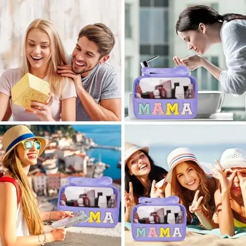 Chenille Letter Patch Mama Bag, Preppy Clear Makeup Cosmetic Bag Large Toiletry Storage Tote Bag with Handle, Transparent Nylon Waterproof Organizer Zipper Pouch for Travel Women Girls(Purple) - 6