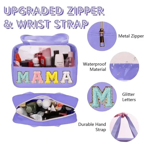 Chenille Letter Patch Mama Bag, Preppy Clear Makeup Kosmetik Sumkasi Katta hojatxona saqlash sumkasi tutqichi bilan, sayohat ayollari qizlari uchun shaffof neylon suv o'tkazmaydigan tashkilotchi fermuar qopchasi (binafsha) - 3
