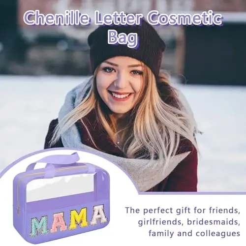 Chenille Letter Patch Mama Bag, Preppy Clear Makeup Kosmetik Sumkasi Katta hojatxona saqlash sumkasi tutqichi bilan, sayohat ayollari qizlari uchun shaffof neylon suv o'tkazmaydigan tashkilotchi fermuar qopchasi (binafsha) - 5