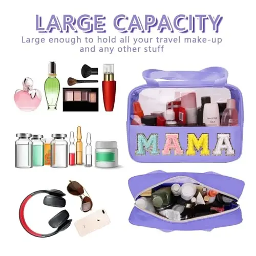 Chenille Letter Patch Mama Bag, Preppy Clear Makeup Kosmetik Sumkasi Katta hojatxona saqlash sumkasi tutqichi bilan, sayohat ayollari qizlari uchun shaffof neylon suv o'tkazmaydigan tashkilotchi fermuar qopchasi (binafsha) - 4
