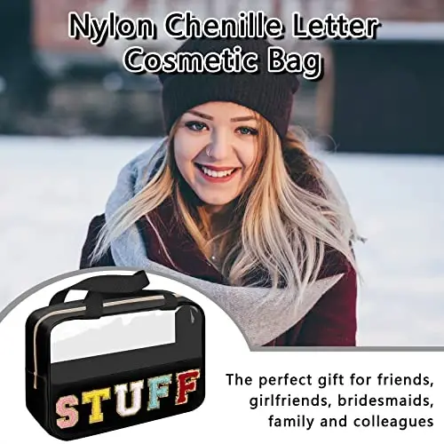 Chenille Letter Patch Stuff Bag, Preppy Clear Makeup Cosmetic Bag Large Toiletry Storage Tote Bag with Handle, Transparent Nylon Waterproof Organizer Zipper Pouch for Travel Women Girls(Black) - 5