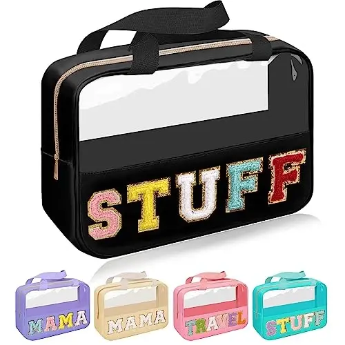 Chenille Letter Patch Stuff Bag, Preppy Clear Makeup Cosmetic Bag Large Toiletry Storage Tote Bag with Handle, Transparent Nylon Waterproof Organizer Zipper Pouch for Travel Women Girls(Black) - CHENILLE