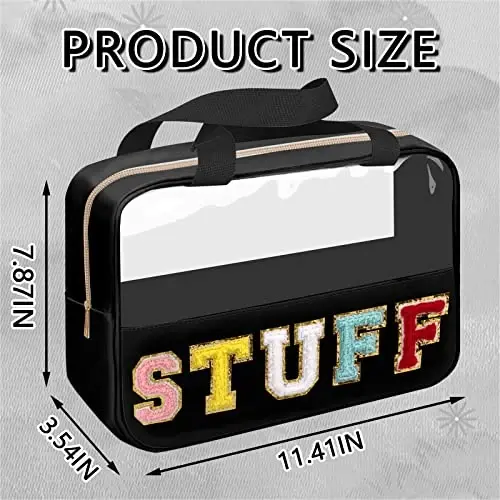 Chenille Letter Patch Stuff Bag, Preppy Clear Makeup Cosmetic Bag Large Toiletry Storage Tote Bag with Handle, Transparent Nylon Waterproof Organizer Zipper Pouch for Travel Women Girls(Black) - 2