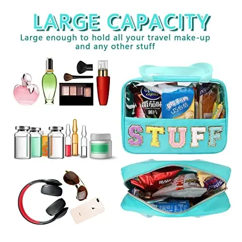 Chenille Letter Patch Stuff Bag, Preppy Clear Makeup Cosmetic Bag Large Toiletry Storage Tote Bag with Handle, Transparent Nylon Waterproof Organizer Zipper Pouch for Travel Women Girls(Green) - 4