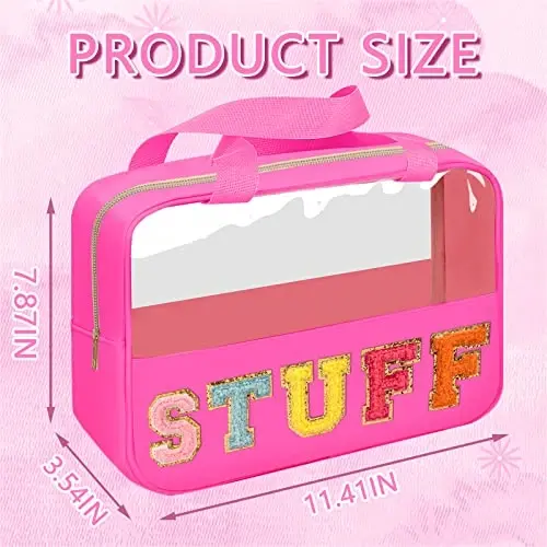 Chenille Letter Patch Stuff Bag, Preppy Clear Makeup Cosmetic Bag Large Toiletry Storage Tote Bag with Handle, Transparent Nylon Waterproof Organizer Zipper Pouch for Travel Women Girls(Rosered) - 2