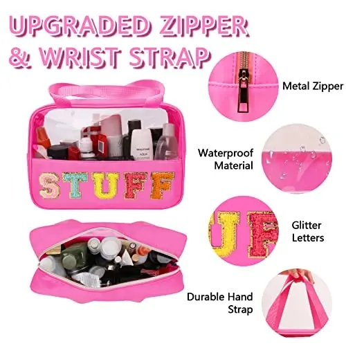Chenille Letter Patch Stuff Bag, Preppy Clear Makeup Kosmetik Sumkasi Katta Tualet Saqlash Sumkasi Tutqichli Sumka, Sayohat Ayollari Qizlari uchun Shaffof Neylon Suv o'tkazmaydigan Organizator Fermuar Sumkasi (Rosered) - 3