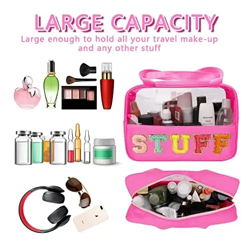 Chenille Letter Patch Stuff Bag, Preppy Clear Makeup Kosmetik Sumkasi Katta Tualet Saqlash Sumkasi Tutqichli Sumka, Sayohat Ayollari Qizlari uchun Shaffof Neylon Suv o'tkazmaydigan Organizator Fermuar Sumkasi (Rosered) - 4