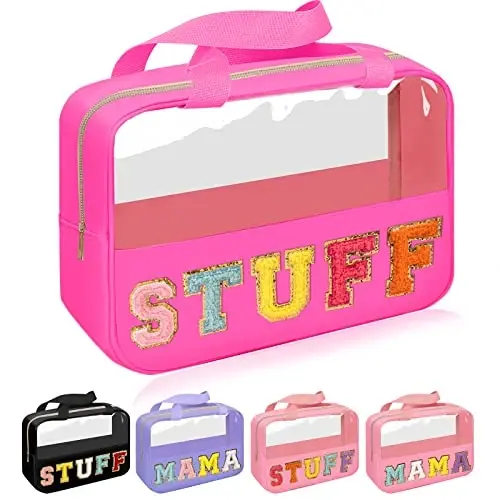 Chenille Letter Patch Stuff Bag, Preppy Clear Makeup Kosmetik Sumkasi Katta Tualet Saqlash Sumkasi Tutqichli Sumka, Sayohat Ayollari Qizlari uchun Shaffof Neylon Suv o'tkazmaydigan Organizator Fermuar Sumkasi (Rosered) - 1