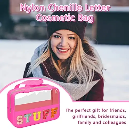 Chenille Letter Patch Stuff Bag, Preppy Clear Makeup Kosmetik Sumkasi Katta Tualet Saqlash Sumkasi Tutqichli Sumka, Sayohat Ayollari Qizlari uchun Shaffof Neylon Suv o'tkazmaydigan Organizator Fermuar Sumkasi (Rosered) - 5