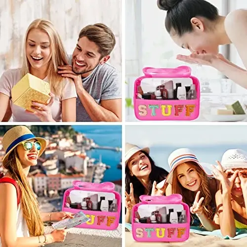 Chenille Letter Patch Stuff Bag, Preppy Clear Makeup Kosmetik Sumkasi Katta Tualet Saqlash Sumkasi Tutqichli Sumka, Sayohat Ayollari Qizlari uchun Shaffof Neylon Suv o'tkazmaydigan Organizator Fermuar Sumkasi (Rosered) - 6