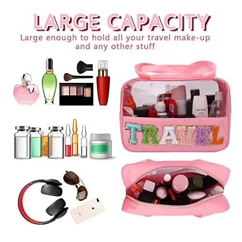 Chenille Letter Patch Travel Bag, Preppy Clear Makeup Kosmetik Sumkasi Katta Tualet saqlash sumkasi Tutqichli sumka, Sayohat ayollari uchun shaffof neylon suv o'tkazmaydigan organizator fermuarli sumkasi (pushti) - 4