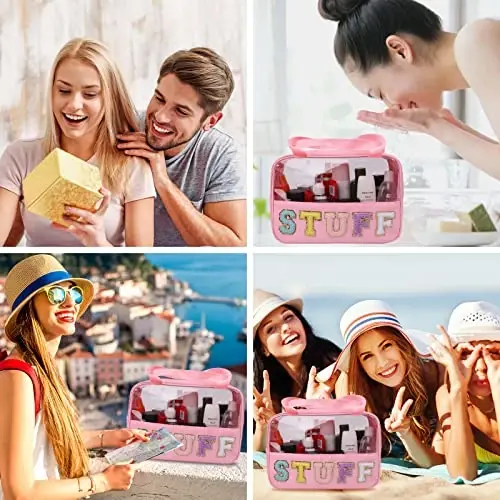 Chenille Letter Patch Travel Bag, Preppy Clear Makeup Kosmetik Sumkasi Katta Tualet saqlash sumkasi Tutqichli sumka, Sayohat ayollari uchun shaffof neylon suv o'tkazmaydigan organizator fermuarli sumkasi (pushti) - 6
