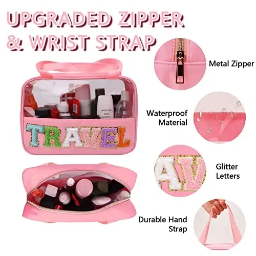Chenille Letter Patch Travel Bag, Preppy Clear Makeup Kosmetik Sumkasi Katta Tualet saqlash sumkasi Tutqichli sumka, Sayohat ayollari uchun shaffof neylon suv o'tkazmaydigan organizator fermuarli sumkasi (pushti) - 3