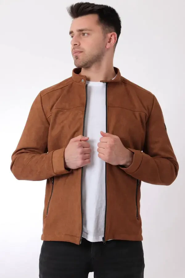 Chest Zippered Mandarin Collar Suede Seasonal Jacket PLDP 2981 - 2