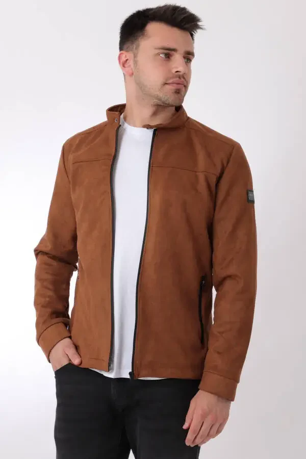 Chest Zippered Mandarin Collar Suede Seasonal Jacket PLDP 2981 - 4