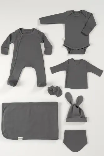 Chester 7 Parça Unisex Organik Pamuk Bebek Hastane Çıkışı Takımı Ve Yenidoğan Hediye Seti - Gri - 1