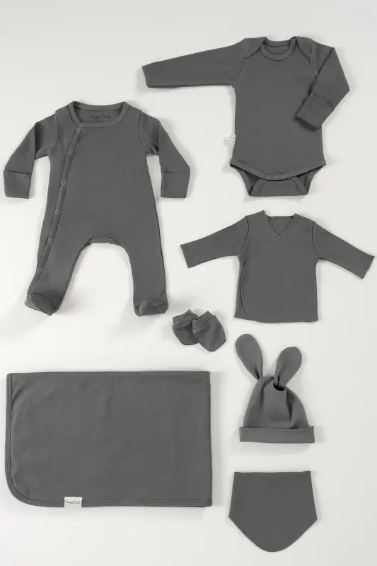 Chester 7 Piece Unisex Organic Cotton Baby Hospital Discharge Set & Newborn Gift Set - Anthracite - 1