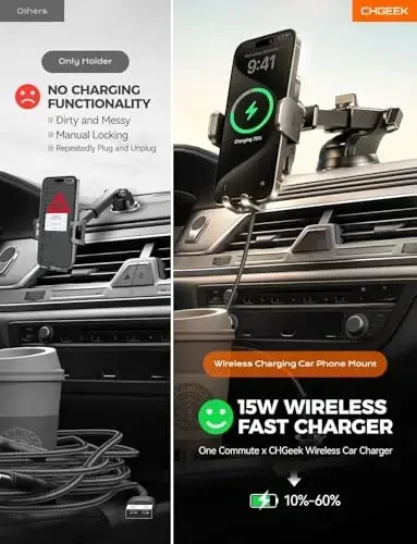 CHGeek Wireless Car Charger Phone Holder Mount, 15W Fast Charging Auto Clamping Phone Holders for Your Car Dashboard Windshield Air Vent Car Accessories for iPhone, Samsung Galaxy, Google Pixel etc - CHGeek (1)