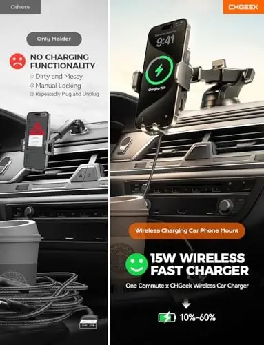 CHGeek Wireless Car Charger Phone Holder Mount, 15W Fast Charging Auto Clamping Phone Holders for Your Car Dashboard Windshield Air Vent Car Accessories for iPhone, Samsung Galaxy, Google Pixel etc - 1