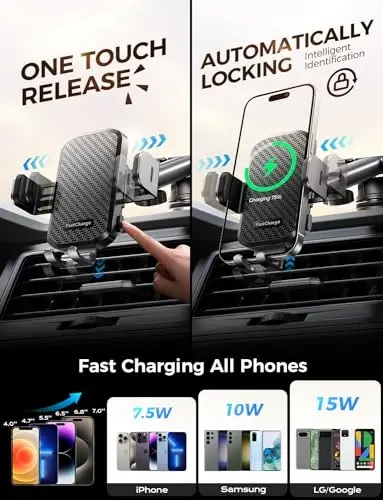 CHGeek Wireless Car Charger with Phone Holder Mount, 15W Fast Charging Auto Clamping Phone Holders for You Car Windshield Dashboard Air Vent Accessories for iPhone, Samsung Galaxy, Google, etc - 2