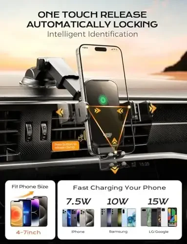 CHGeek Wireless Car Charger Phone Holder Mount, 15W Fast Charging Auto Clamping Phone Holders for Your Car Dashboard Windshield Air Vent Car Accessories for iPhone, Samsung Galaxy, Google Pixel etc - 3