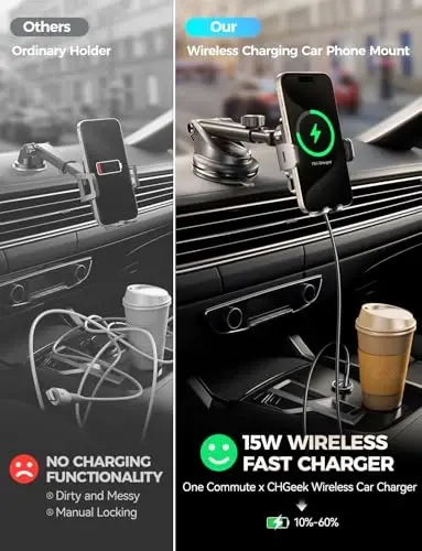 CHGeek Wireless Car Charger with Phone Holder Mount, 15W Fast Charging Auto Clamping Phone Holders for You Car Windshield Dashboard Air Vent Accessories for iPhone, Samsung Galaxy, Google, etc - 1