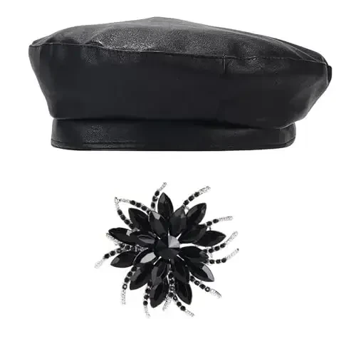 Chic PU Leather Beret for Women, Classic Berets Artist Painter Cap with Rhinestones Accessories - Modazone