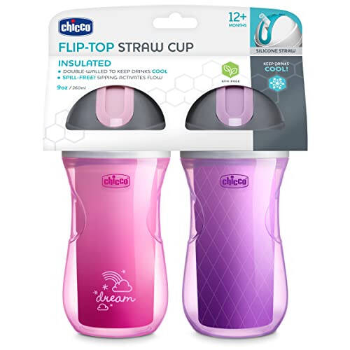 Chicco 9oz. Double-Wall Insulated Flip-Top Sippy Cup with Silicone Straw and Spill-Free Lid | Top-Rack Dishwasher Safe Easy to Hold Ergonomic Indents Dream Pink/Purple, 2pk 12+ months - 4