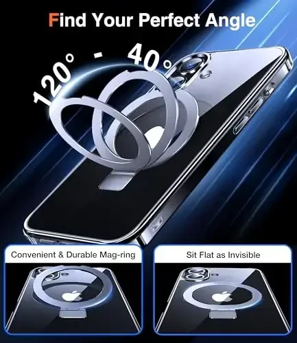 Chicfun 3-in-1 [Magnit + Tayanch + Halqa Uskagichi] iPhone 16 Plus uchun G'ilof Tayanch Halqa Uskagichi bilan, MagSafe bilan mos, Harbiy Zarba o'tkazmaydigan Tayanch Telefon G'ilofi iPhone 16 Plus Qopqog'i Shaffof - 5