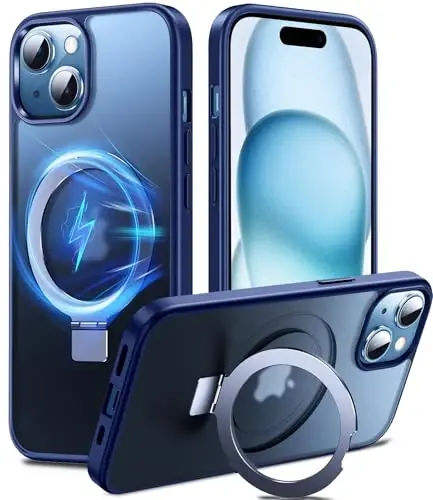 Chicfun 3-in-1 [Magnit+Kickstand+Ring Holder] iPhone 15 bilan mos keladi G'ilof Stend Ring Holder MagSafe bilan mos keladi, Magnit Harbiy zarbaga chidamli iPhone 15 Telefon G'ilof Kickstand Qopqog'i Moviy - 1