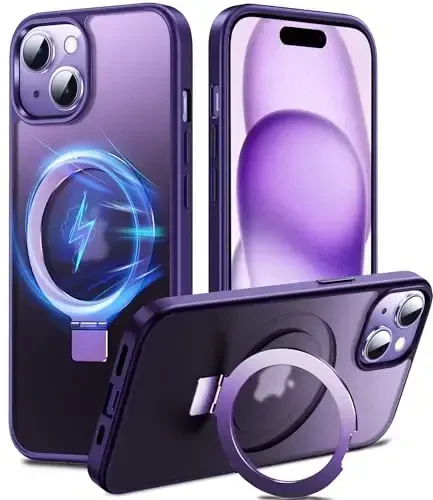 Chicfun 3-in-1 [Magnit+Kickstand+Ring Holder] iPhone 15 uchun G'ilof MagSafe bilan mos keladi, Magnit harbiy zarbaga chidamli himoya iPhone 15 telefon g'ilofi Kickstand Cover Purple - 1