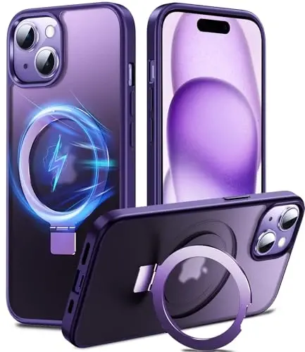 Chicfun 3-in-1 [Magnit+Kickstand+Ring Holder] iPhone 15 uchun G'ilof MagSafe bilan mos keladi, Magnit harbiy zarbaga chidamli himoya iPhone 15 telefon g'ilofi Kickstand Cover Purple 