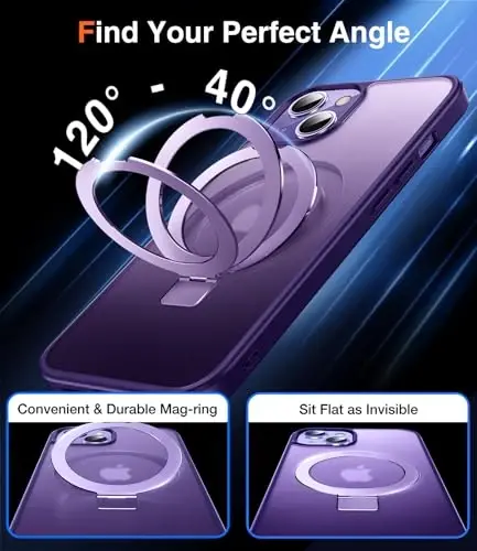 Chicfun 3-in-1 [Magnit+Kickstand+Ring Holder] iPhone 15 uchun G'ilof MagSafe bilan mos keladi, Magnit harbiy zarbaga chidamli himoya iPhone 15 telefon g'ilofi Kickstand Cover Purple - 3