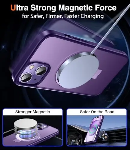 Chicfun 3-in-1 [Magnit+Kickstand+Ring Holder] iPhone 15 uchun G'ilof MagSafe bilan mos keladi, Magnit harbiy zarbaga chidamli himoya iPhone 15 telefon g'ilofi Kickstand Cover Purple - 4