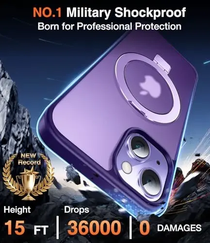 Chicfun 3-in-1 [Magnit+Kickstand+Ring Holder] iPhone 15 uchun G'ilof MagSafe bilan mos keladi, Magnit harbiy zarbaga chidamli himoya iPhone 15 telefon g'ilofi Kickstand Cover Purple - 5