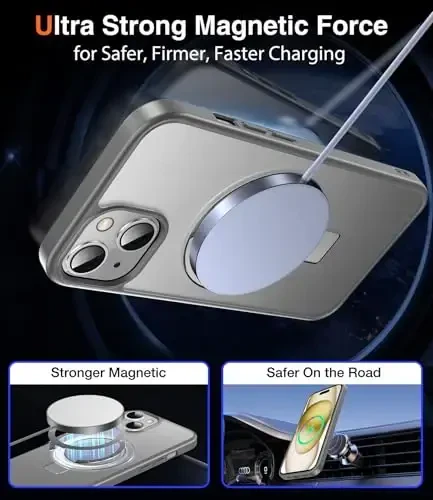 Chicfun 3-in-1 [Magnit+Kickstand+Ring Holder] iPhone 15 uchun g'ilof MagSafe bilan mos keladi, magnit harbiy zarbga chidamli himoya iPhone 15 telefon g'ilof stend halqasi qopqog'i kulrang - 4