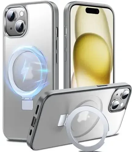 Chicfun 3-in-1 [Magnit+Oyoq tiragichi+Halka ushlagich] iPhone 15 Plus uchun MagSafe bilan mos keluvchi, harbiy zarbaga chidamli oyoq tiragichli telefon g'ilofi iPhone 15 Plus uchun kulrang - MODAZONE