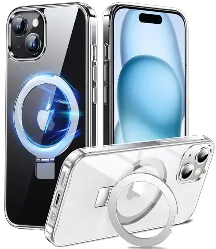 Chicfun 3-in-1 [Magnit+Oyoq tirgak+Halqa ushlagich] iPhone 15 Plus uchun g'ilof MagSafe bilan mos, Harbiy zarbaga chidamli oyoq tirgakli telefon g'ilofi iPhone 15 Plus uchun shaffof qopqoq 