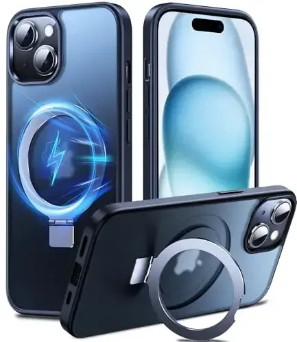 Chicfun 3-in-1 [Magnit+Oyoq tirgak+Halqa ushlagich] iPhone 15 uchun MagSafe bilan mos keluvchi g'ilof, magnit harbiy zarbaga chidamli himoya iPhone 15 telefon g'ilofi Oyoq tirgakli qora - CHICFUN