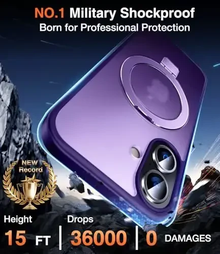 Chicfun 3-in-1 [Magnit+Oyoq tirgak+Ring ushlagich] iPhone 16 uchun G'ilof Stend Ring ushlagich bilan, MagSafe bilan mos, Harbiy zarbaga chidamli himoya Oyoq tirgak Telefon G'ilofi iPhone 16 uchun binafsha rang - 3