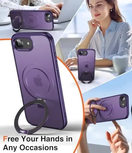 Chicfun 3-in-1 [Magnit+Tayanch+Halqa Tutqich] iPhone 17e va iPhone 16e g‘iloflari uchun, stend va MagSafe bilan mos keladigan, Harbiy darajada zarbaga chidamli himoya iPhone 17e telefon g‘ilofi, tayanch qopqog‘i, Binafsha rang - 4