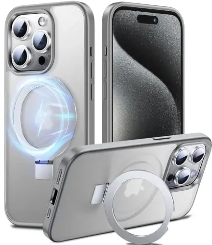 Chicfun 3-в-1 [Magnetic+Kickstand+Ring Holder] Compatible with iPhone 15 Pro Case Stand Ring Holder Compatible with MagSafe, Military Shockproof for iPhone 15 Pro Phone Case Kickstand Cover Grey 
