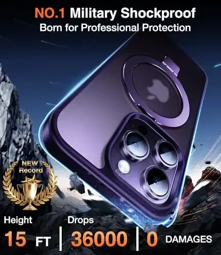 Chicfun 3-в-1 [магнитный+подставка+держатель кольца] для iPhone 15 Pro Чехол-подставка Держатель кольца Совместим с MagSafe, военный противоударный для iPhone 15 Pro Чехол для телефона Подставка Фиолетовый - 5