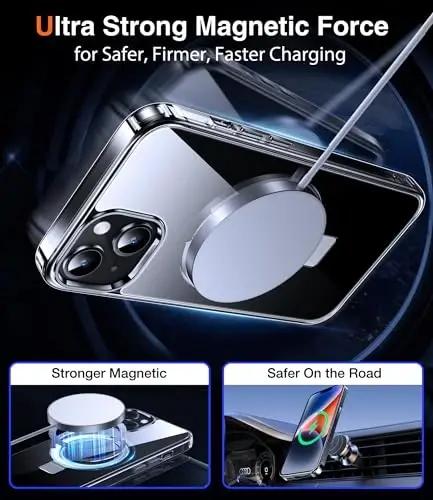 Chicfun 3-в-1 [Магнит+Подставка+Кольцо-держатель] для чехла iPhone 14 Plus с подставкой и кольцом-держателем, совместимый с MagSafe, ударопрочный защитный чехол военного класса для iPhone 14 Plus, прозрачный - 3