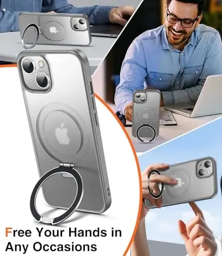 Chicfun 3-in-1 [Magnetic+Kickstand+Ring Holder] for iPhone 15 Case Stand Ring Holder Compatible with MagSafe, Magnetic Military Shockproof Protective iPhone 15 Phone Case Kickstand Cover Grey - 2