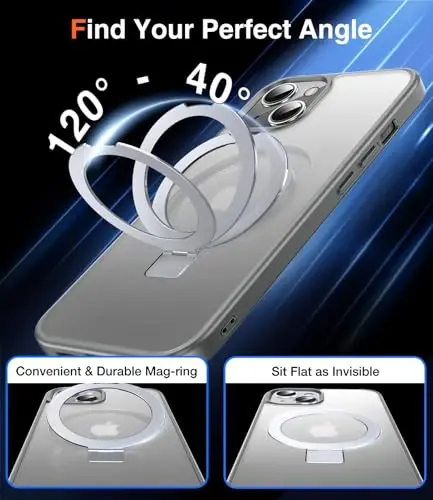 Chicfun 3-in-1 [Magnetic+Kickstand+Ring Holder] for iPhone 15 Case Stand Ring Holder Compatible with MagSafe, Magnetic Military Shockproof Protective iPhone 15 Phone Case Kickstand Cover Grey - 3
