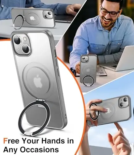 Chicfun 3-in-1 [Magnetic+Kickstand+Ring Holder] for iPhone 14 Plus Case with Stand Ring Holder， Compatible with MagSafe, Military Shockproof Kickstand Phone Case iPhone 14 Plus Cover Grey - CHICFUN (1)