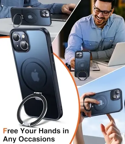 Chicfun 3ü 1 Arada [Manyetik+Stand+Halka Tutucu] iPhone 14 Plus Kılıf, Standlı ve Halka Tutuculu, MagSafe Uyumlu, Askeri Sınıf Darbeye Dayanıklı Standlı Telefon Kılıfı iPhone 14 Plus Kapak Siyah - CHICFUN (1)