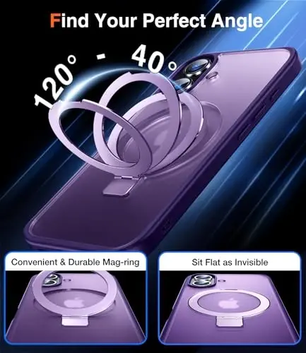 Chicfun 3-in-1 [Magnetic+Kickstand+Ring Holder] for iPhone 16 Case with Stand Ring Holder， Compatible with MagSafe, Military Shockproof Protective Kickstand Phone Case iPhone 16 Cover Purple - 4